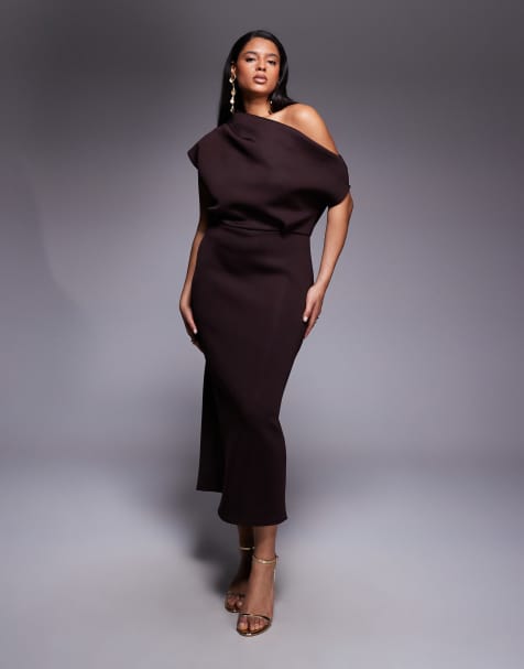 ASOS DESIGN Curve – Midikleid aus neoprenartigem Material in Braun mit auffälligem Ausschnitt - view 1