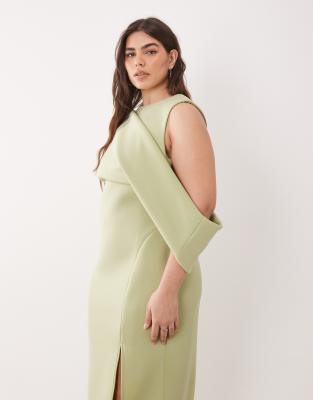 ASOS DESIGN Curve - Midikleid aus neoprenartigem Stoff in Salbeigrün mit tiefer Schulterpartie mit Zierausschnitt Grün 54