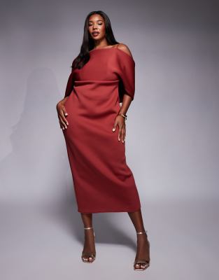 ASOS DESIGN Curve - Midikleid aus neoprenartigem Stoff in Schokobraun mit Bardot-Ausschnitt und Cape-Detail hinten