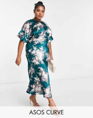 ASOS DESIGN Curve - Midikleid aus Satin mit Blouson-Oberteil und Vintage-Blumenprint-Bunt