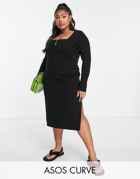 ASOS DESIGN Curve – Midikleid aus Strick in Schwarz mit eckigem Ausschnitt - view 1