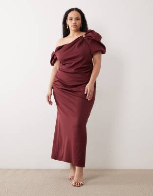 ASOS DESIGN Curve - Midikleid in Beerenrot mit abfallender Schulterpartie, Zierbesatz und Puffärmeln