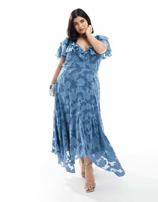 ASOS DESIGN Curve - Midikleid in Blau aus strukturiertem Jacquard mit V-Ausschnitt vorne und hinten, Rüschen, Flatterärm...