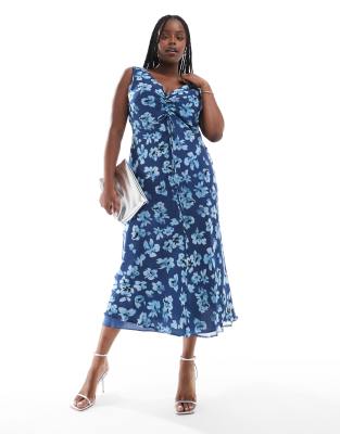 ASOS DESIGN Curve - Midikleid in Blau mit Blumenmuster, V-Ausschnitt und geraffter Brustpartie-Bunt