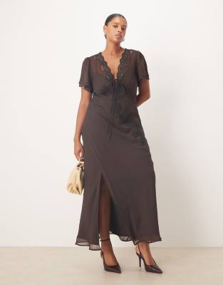 ASOS DESIGN Curve - Midikleid in Braun mit gebundener Vorderseite und Spitzenbesatz-Brown