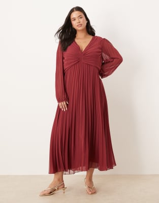 ASOS DESIGN Curve - Midikleid in Burgunderrot mit plissiertem Oberteil und tiefem Ausschnitt-Orange