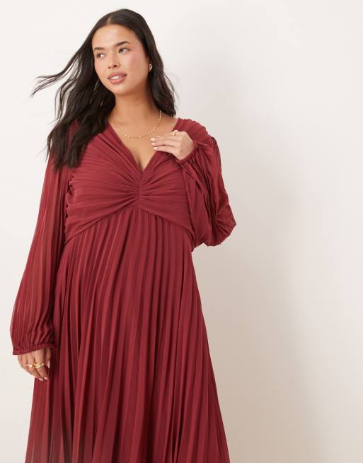 ASOS DESIGN Curve – Midikleid in Burgunderrot mit plissiertem Oberteil und tiefem Ausschnitt, 2 von 4