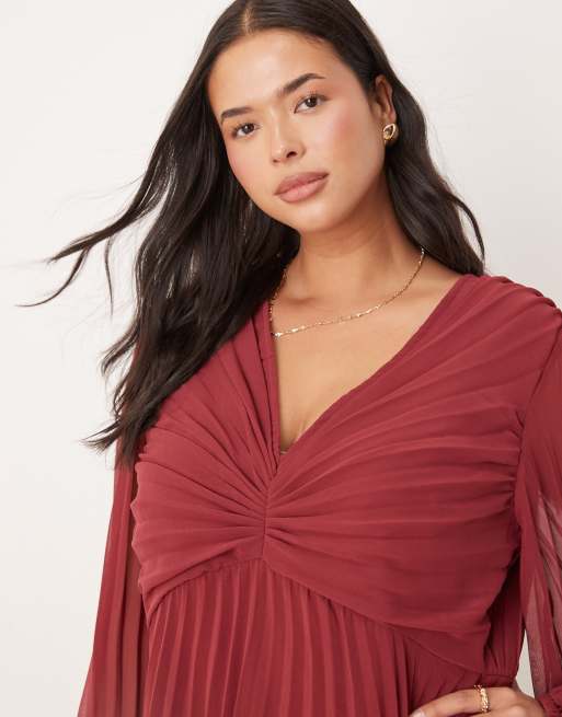 ASOS DESIGN Curve – Midikleid in Burgunderrot mit plissiertem Oberteil und tiefem Ausschnitt, 4 von 4