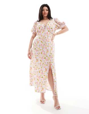 ASOS DESIGN Curve - Midikleid in Flieder mit Print, Bindedetail und Puffärmeln-Bunt