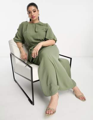 ASOS DESIGN Curve - Midikleid in Khaki mit Puffärmeln und Bindegürtel-Grün