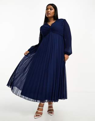 ASOS DESIGN Curve - Midikleid in Marineblau mit plissiertem Oberteil und tiefem Ausschnitt