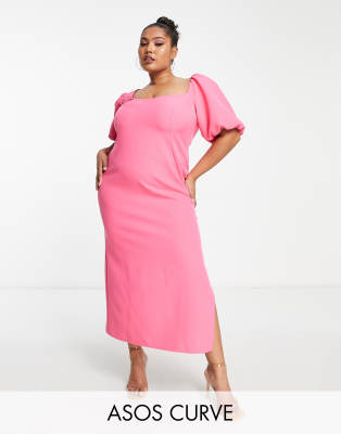 ASOS DESIGN Curve - Midikleid in Pink mit asymmetrischem Ausschnitt und Puffärmeln-Rosa