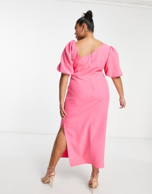 ASOS DESIGN Curve Midikleid in Pink mit asymmetrischem Ausschnitt und Puffarmeln ASOS