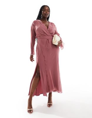 ASOS DESIGN Curve - Midikleid in Rosé mit gewickelter Vorderseite und Ziernaht-Rosa