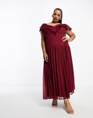 ASOS DESIGN Curve - Midikleid in Rot mit Flatterärmeln, Rüschen und Rückenausschnitt