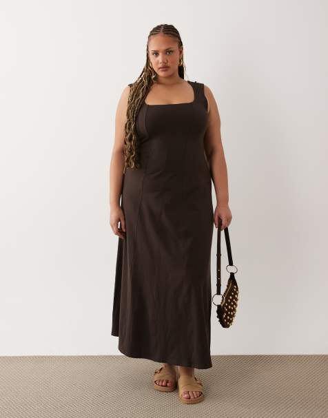 ASOS DESIGN Curve – Midikleid in Schokobraun mit eckigem Ausschnitt und Ziernaht - view 1