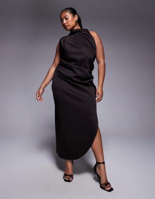 ASOS DESIGN Curve - Midikleid in Schokobraun mit Neopren-Optik und One-Shoulder-Design-Brown