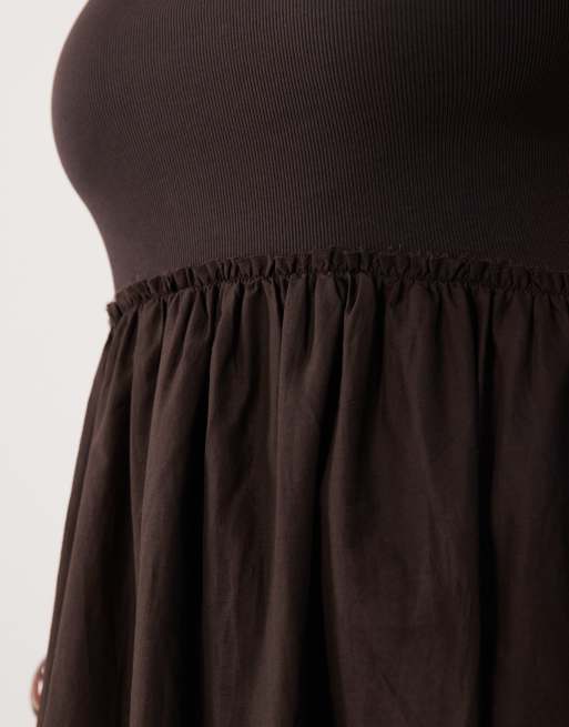 ASOS DESIGN Curve – Midikleid in Schokobraun mit U-Ausschnitt, geripptem Oberteil und Rock aus Popeline, 3 von 4