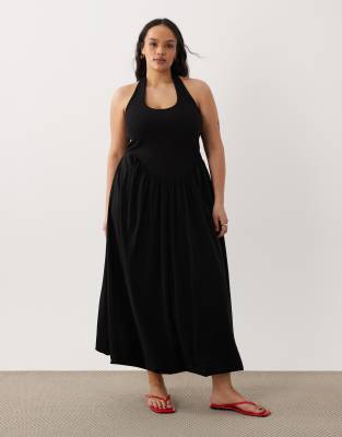 ASOS DESIGN Curve - Midikleid in Schwarz mit Ballonsaum-Bunt