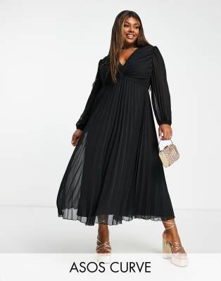 ASOS DESIGN Curve - Midikleid in Schwarz mit plissiertem Oberteil und tiefem Ausschnitt