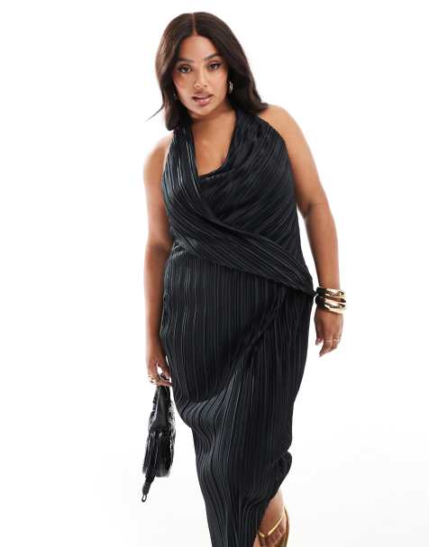 ASOS DESIGN Curve – Midikleid in Schwarz mit rundem, plissiertem Ausschnitt im Wickeldesign - view 1