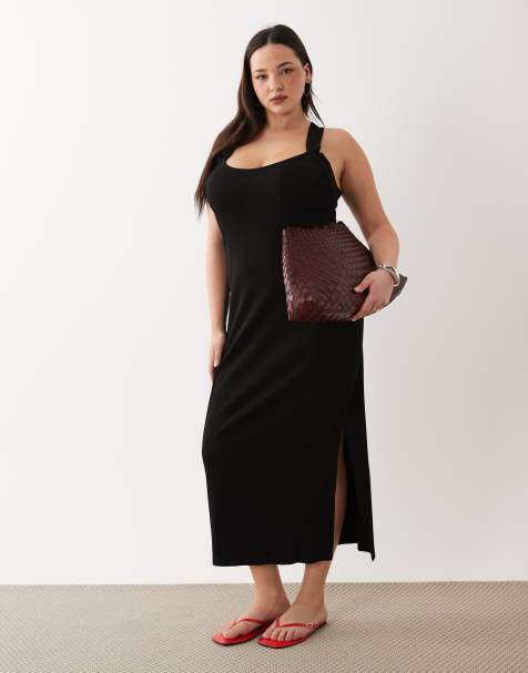 ASOS DESIGN Curve – Midikleid in Schwarz mit U-Ausschnitt und Racer-Ziernaht - view 1