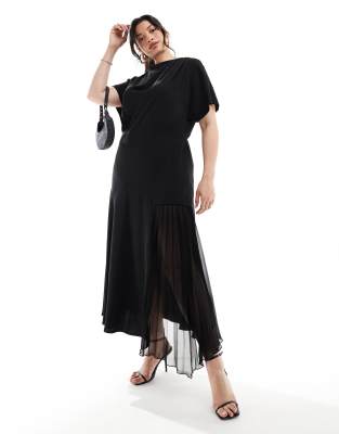 ASOS DESIGN Curve - Midikleid in Schwarz mit Wasserfallausschnitt und asymmetrischem Faltensaum