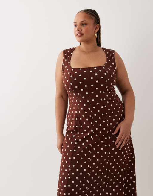 ASOS DESIGN Curve – Midikleid in Schwarz-Weiß mit eckigem Ausschnitt, Ziernaht und Punktemuster, 2 von 4