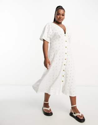 ASOS DESIGN Curve - Midikleid in Weiß mit Lochstickerei, V-Ausschnitt und Knöpfen