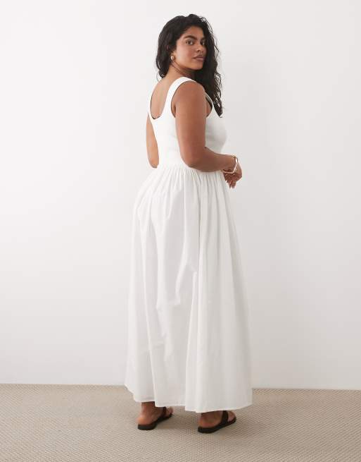 ASOS DESIGN Curve – Midikleid in Weiß mit U-Ausschnitt, geripptem Oberteil und Rock aus Popeline, 4 von 4