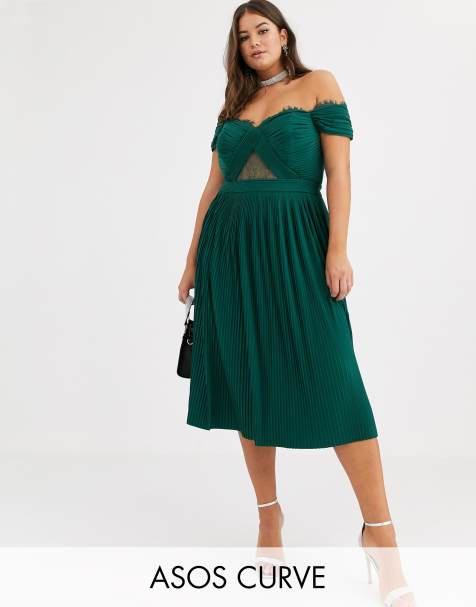 ASOS DESIGN Curve – Midikleid mit Carmen-Ausschnitt, Spitze und Falten