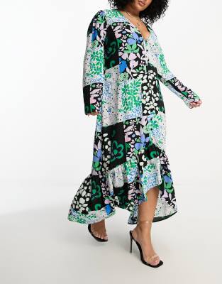 ASOS DESIGN Curve - Midikleid mit nach hinten abfallendem Saum und geteiltem Blumenmuster-Bunt