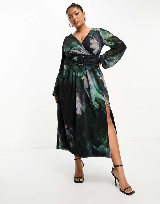 ASOS DESIGN Curve – Midikleid mit tiefem Ausschnitt und verschwommenem Blumenmuster in Grün