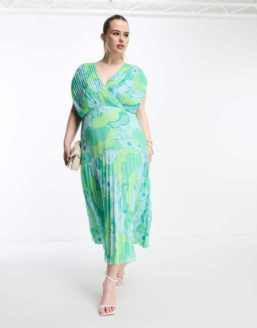ASOS DESIGN Curve – Midikleid mit V-Ausschnitt, plissiertem Oberteil, gestuftem Saum und blauem Blumenmuster, 4 von 4