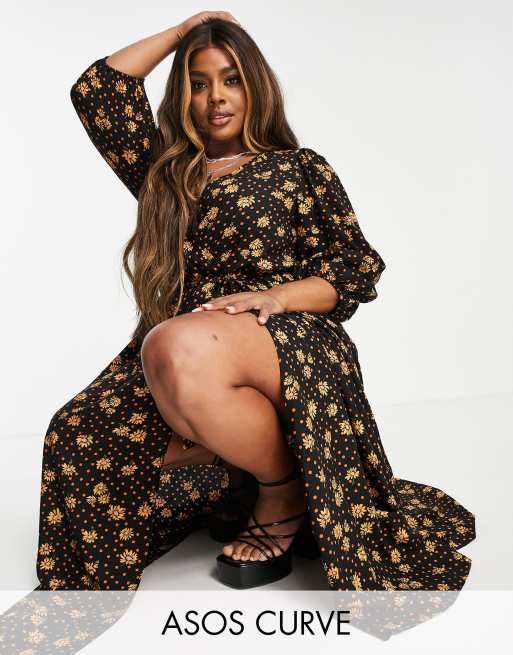 ASOS DESIGN Curve – Midikleid mit Wickeldesign vorne sowie Blumen- und Punktemuster