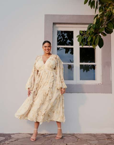 ASOS DESIGN Curve – Midikleid mit zartem Blumenmuster, Spitzeneinsatz und Rüschen - view 1