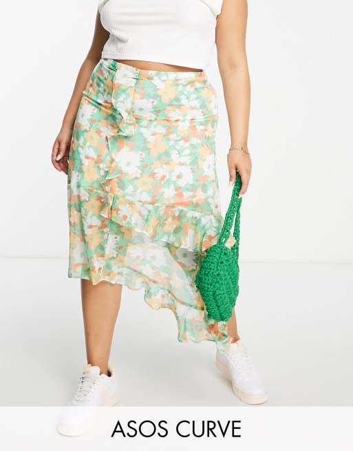 ASOS DESIGN Curve - Midinederdel med flæser og ferskenfarvet abstrakt blomsterprint