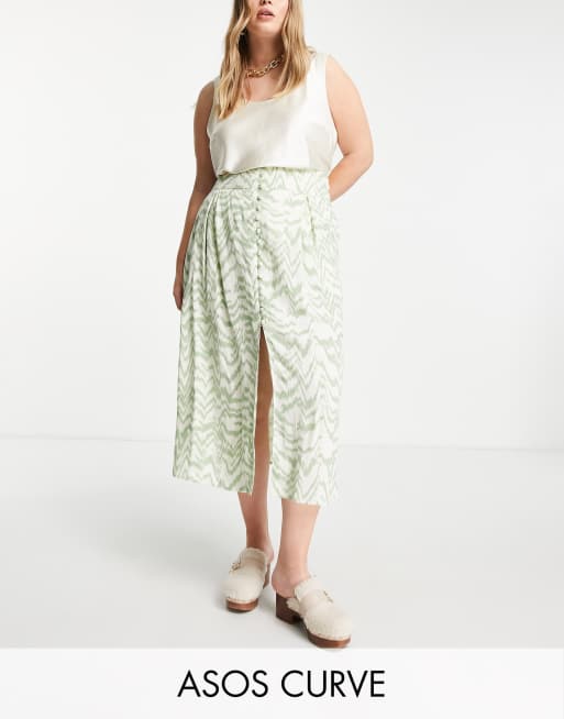 ASOS DESIGN Curve - Midinederdel med knapper og slids i salviegrøn og hvid zebraprint