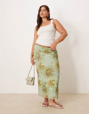 ASOS DESIGN Curve - Midirock aus Netzstoff mit übergroßem Blumenmuster-Bunt