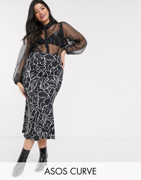 ASOS DESIGN Curve – Midirock mit schwarz-weißem Blumenmuster