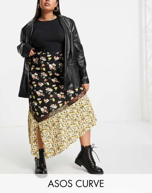 ASOS DESIGN Curve - Midirok met kanten inzetstuk in gesplitste bloemenprint 