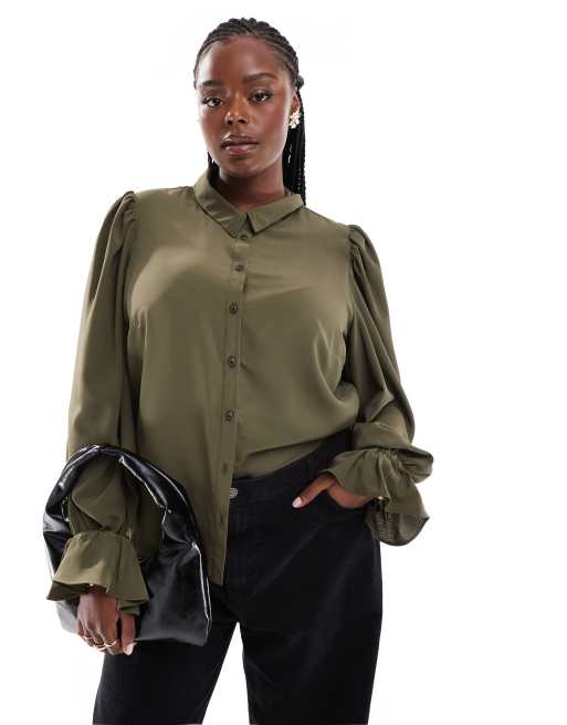 ASOS DESIGN Curve – Miękka koszula z obszernymi rękawami i falbanką przy mankietach w kolorze khaki