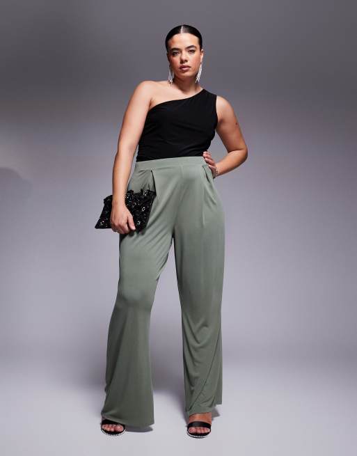 ASOS DESIGN Curve – Miękkie spodnie z szerokimi nogawkami i zakładkami w kolorze khaki