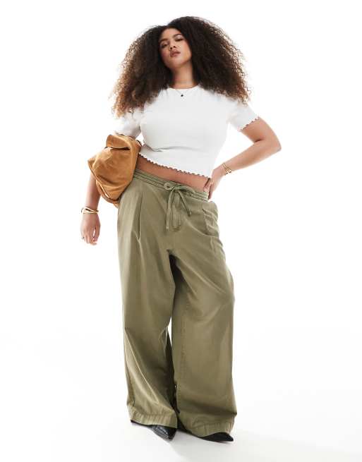 ASOS DESIGN Curve – Miękkie spodnie z szerokimi nogawkami, w spranym kolorze khaki