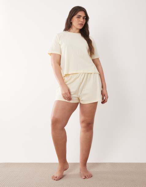 ASOS DESIGN Curve – Mieszaj i łącz – Bladożółta bawełniana piżama - view 1