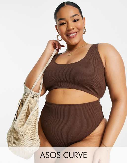 ASOS DESIGN Curve – Mieszaj i łącz – Brązowy marszczony wysoko wycięty dół od bikini z podwyższonym stanem