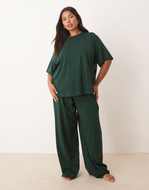 ASOS DESIGN Curve – Mieszaj i łącz – Ciemnozielona bawełniana piżama - view 1
