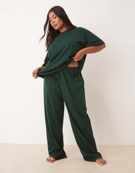 ASOS DESIGN Curve – Mieszaj i łącz – Ciemnozielone bawełniane spodnie piżamowe - view 1