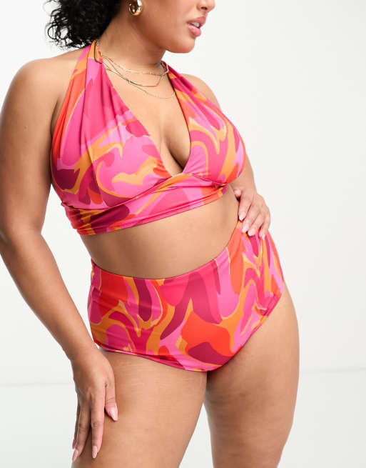 ASOS DESIGN Curve – Mieszaj i łącz – Góra od bikini w abstrakcyjny falisty wzór z głębokim dekoltem typu halter 