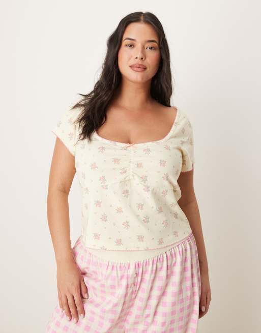 ASOS DESIGN Curve – Mieszaj i łącz – Jasnożółty top od piżamy typu milkmaid w drobny wzór